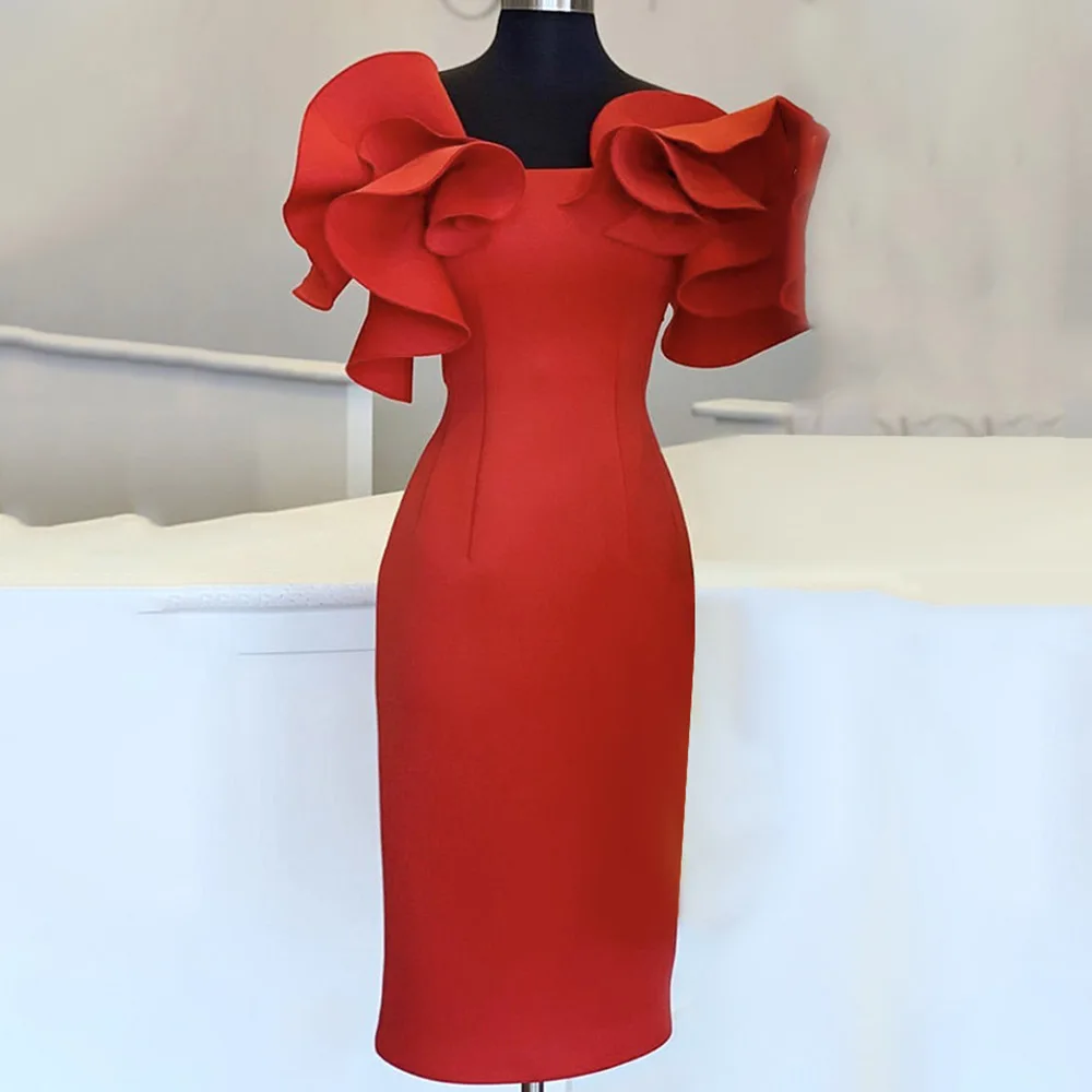 2020 Poletje Novo Elegantno Off Ramenski Bodycon Midi Rdeča Obleka Ženske Modni Ruffles Rokav Večer Stranka Obleke Falbala Vestidos
