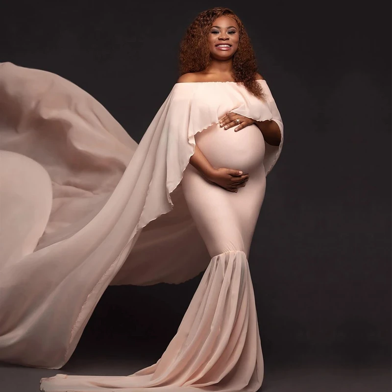 2020 Poletje Porodniškega Fotografija Rekviziti Dolgo Obleko Z Cape Poševnica Vratu Stretchy Vgradnjo Porodniškega Obleke Za Fotografijo