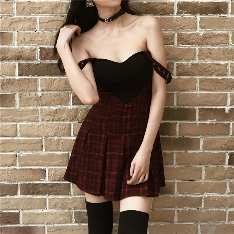2020 Poletje Rdeče Kariran Nabrano Obleko Ženska Seksi Gothic Dekleta Backless Rock Punk Obleko Ulične Retro Mini Kratke Obleke