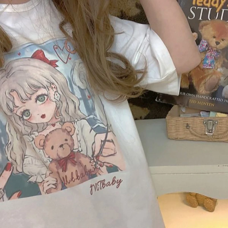 2020 poletje srčkan Japonski kratek sleeved majica s kratkimi rokavi ženske risanka natisnjeni dekle, ohlapno majico pol rokav