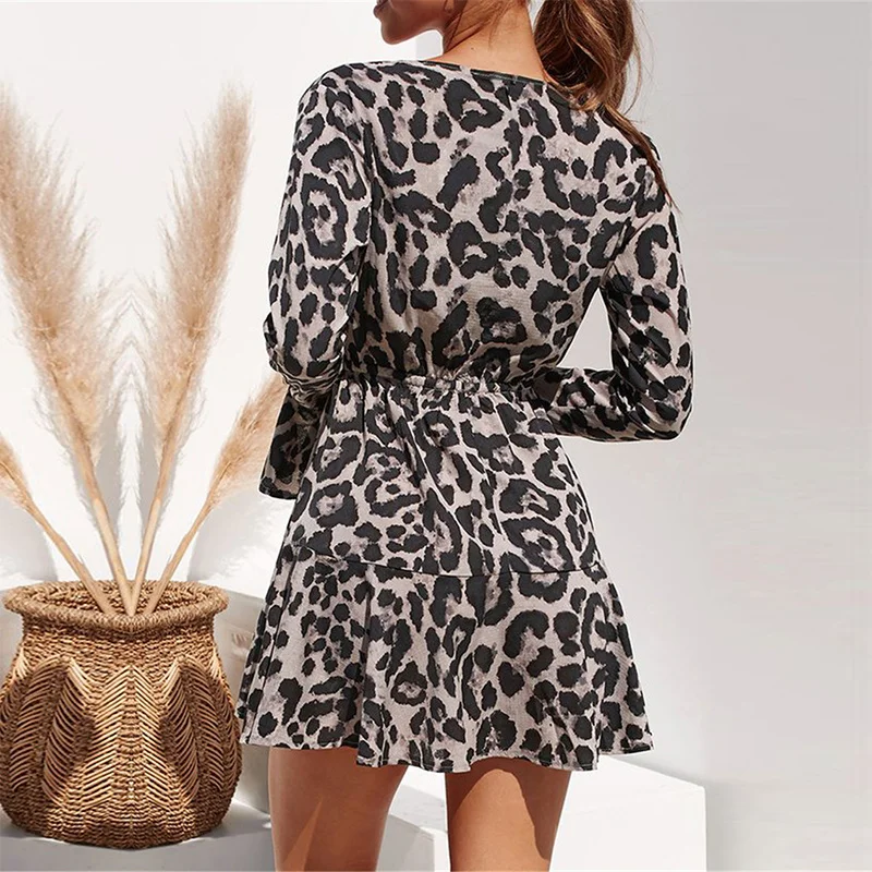 2020 Poletje Šifon Obleko Ženske Leopard Tiskanja Boho Plažo, Obleke, Casual Ruffle Dolg Rokav A-line Mini Stranka Obleko Vestidos
