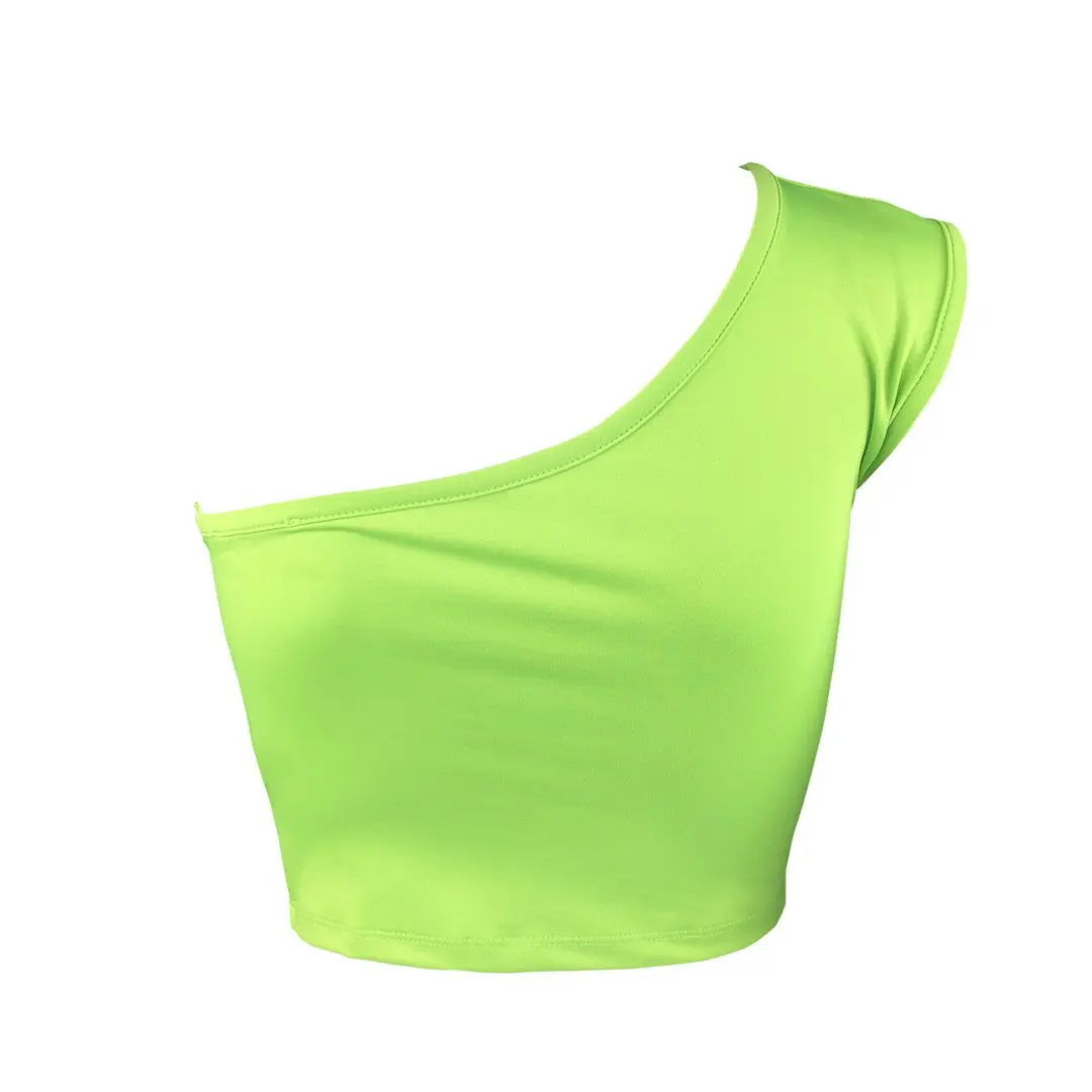 2020 Poletje Ženske Obreži Zgoraj Seksi Tank T-Shirt Val Kažejo Nekaj Joške Neon Zelena Eno naramnico brez Rokavov bluzo