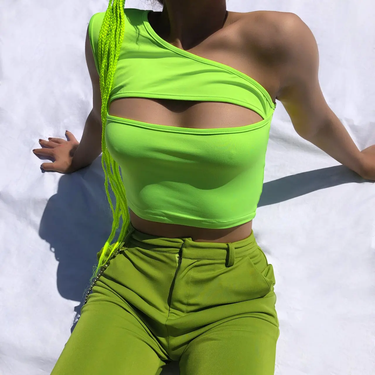 2020 Poletje Ženske Obreži Zgoraj Seksi Tank T-Shirt Val Kažejo Nekaj Joške Neon Zelena Eno naramnico brez Rokavov bluzo