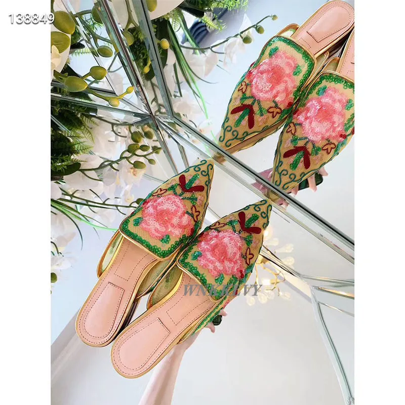 2020 poletni čevlji leni mullers čipke konicami prstov ravno copate vezenje tiste rože flipflops sandali retro loafers