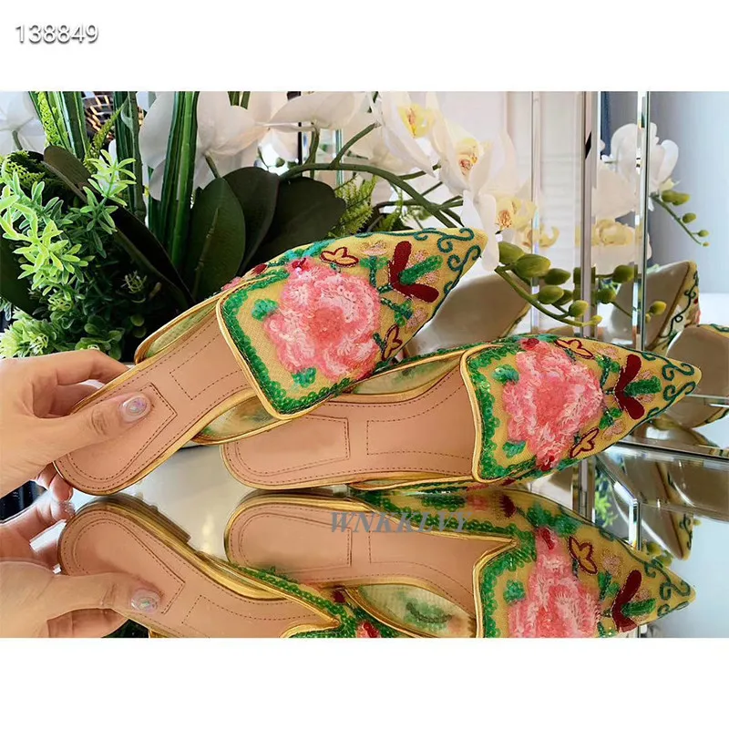 2020 poletni čevlji leni mullers čipke konicami prstov ravno copate vezenje tiste rože flipflops sandali retro loafers