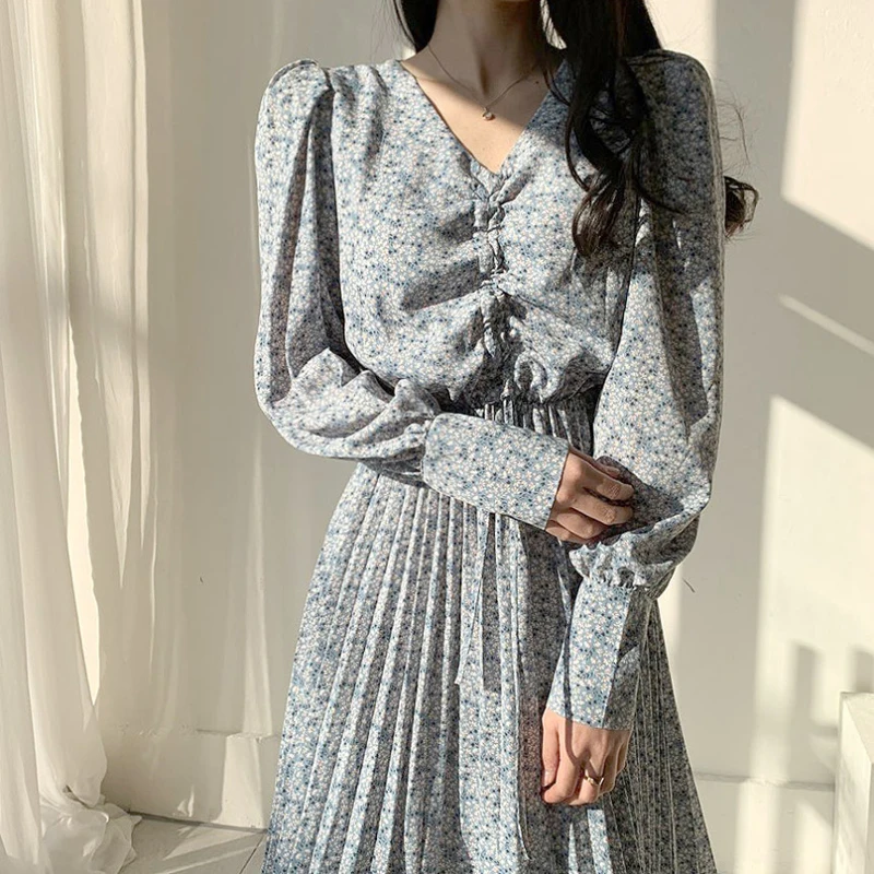 2020 Pomlad korejski Natisnjeni Dolgo Ženske obleke Luč Rokav Proti-vrat Naguban Obleke Moda Letnik Ženski Priložnostne Vestidos Mujer