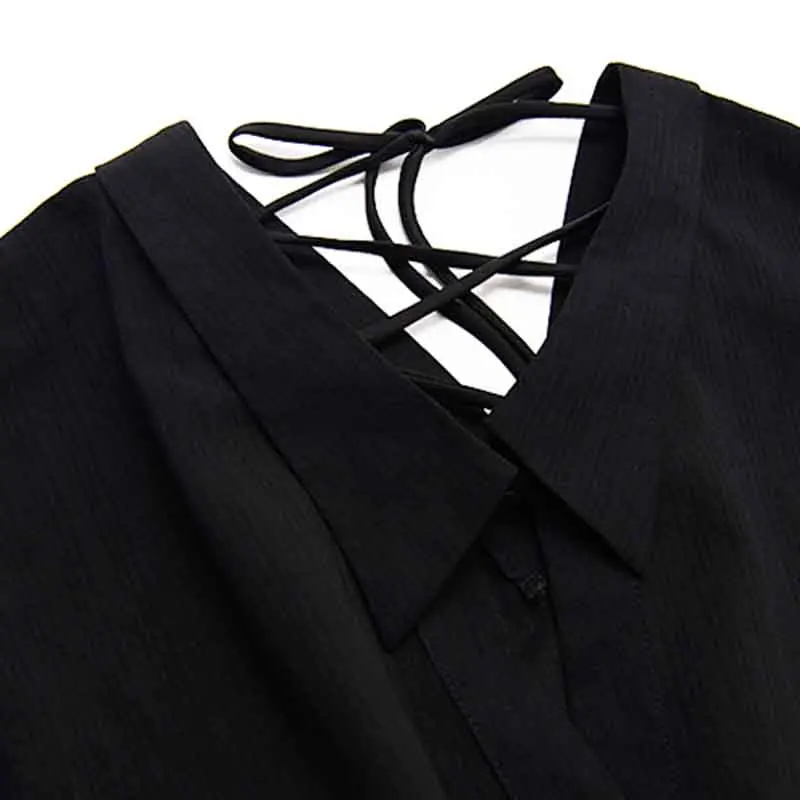 2020 Pomlad, Poletje[EAM] Žensk Black Elastični Pas Nazaj Križ Povoj Shirt Obleko New River Dolg Rokav Ohlapno Fit Moda Dresse