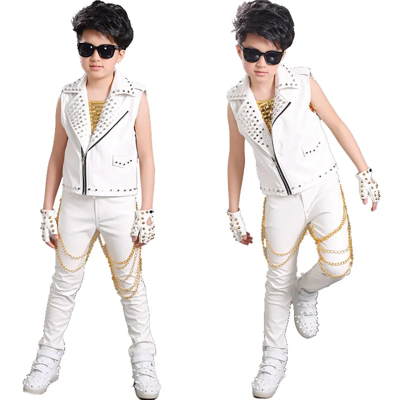 2020 Sodobne Plesne Kostume Zbor Uspešnosti Oblačila Boy Jazz Plesne Kostume Bele Usnjene Hlače, Jakna Otrok Fazi Obleke