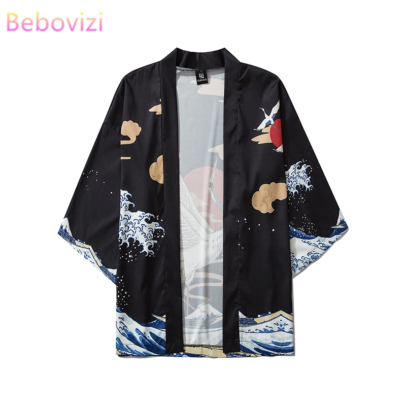 2020 Svoboden Moda Črna Žerjav Samurai Harajuku Japonski Kimono Style Ženske, Moške Majice, Vrhovi Azijskih Obleke Poletje Plaža Cardigan