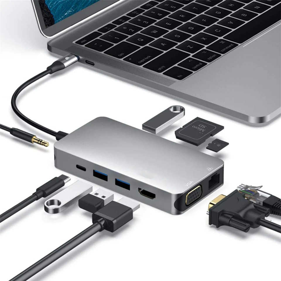 2020 USB HUB 10 v 1 Thunderbolt 3 Tip C Dock Adapter 3 Vrata USB 3.0 4K HDMI 1080P VGA priključek RJ45 Gigabit Ethernet Za Macbook Pro
