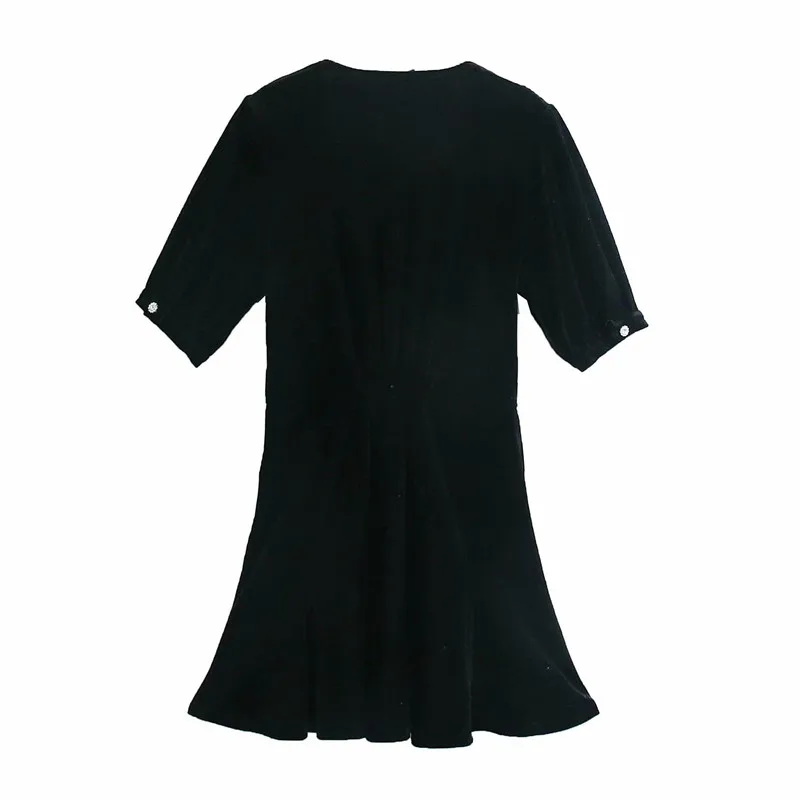 2020 Za Dragulj Gumb Žamet Mini Obleka Ženske, Kratek Rokav, Elastični Pas Urad Dama Obleke Ženska Moda Zimo Črno Vestiso