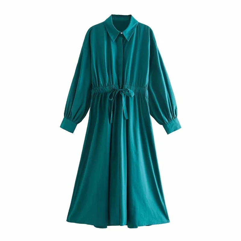 2020 Za Obleko Ženske Majica Zelena Midi Obleko z Dolgimi rokavi Jeseni Plus velikost Svoboden Ženske Obleke, Featuring elastiko pas