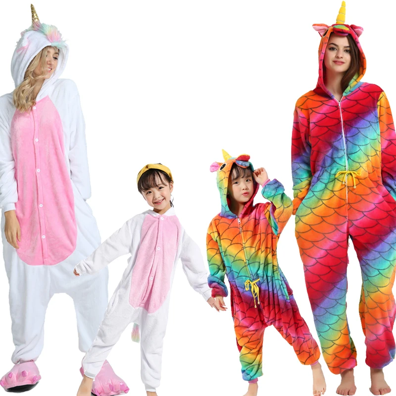 2020 Zimske Družinske Božič Oblačila Za Otroke, Odrasle Ženske, Moške Flanela Živali Pižamo Določa Sleepwear Samorog Onesie Kigurumi