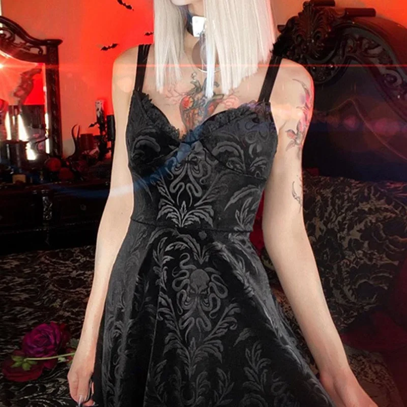 2020 Žamet Žensk Čipke Obleko Black Print Gotike Retro brez naramnic Seksi Stranka Obleko Haljo Femme Špageti Trak Vestidos