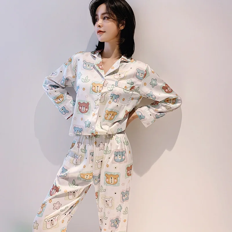 2020 Žensk Imitacije Svile Pižamo River Priložnostne Svilo Doma Oblačila z Dolgimi Rokavi Hlače Dva-delni Set