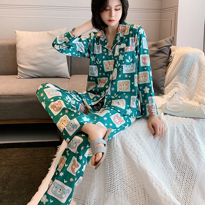 2020 Žensk Imitacije Svile Pižamo River Priložnostne Svilo Doma Oblačila z Dolgimi Rokavi Hlače Dva-delni Set
