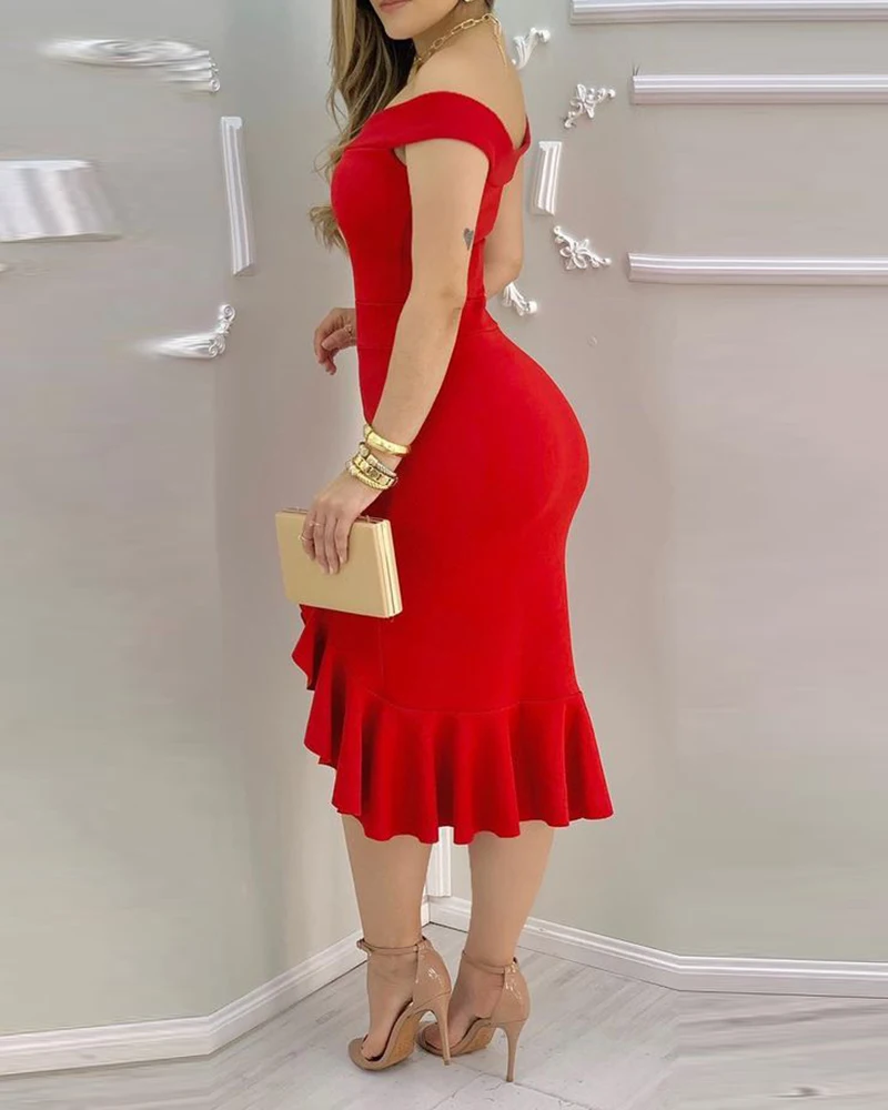 2020 Ženske Modni Elegantno Seksi Golo Off Ramenski Ruffle Robom Režejo Obleka Polna Rdeča Črna Midi Obleko Ruffles Brez Rokavov Stranka