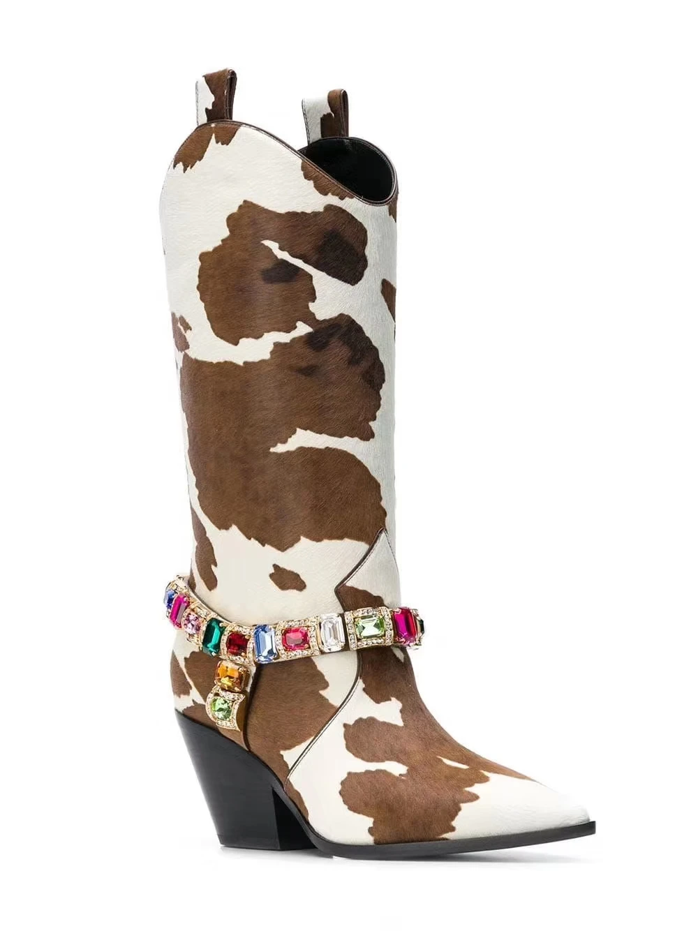 2020 ženske Pozimi Škornji krava kože natisniti moda kristalno dekoracijo visokih Petah Konicami Prstov Kratek Čevlji vzletno-pristajalne Steze ženske Čevlje