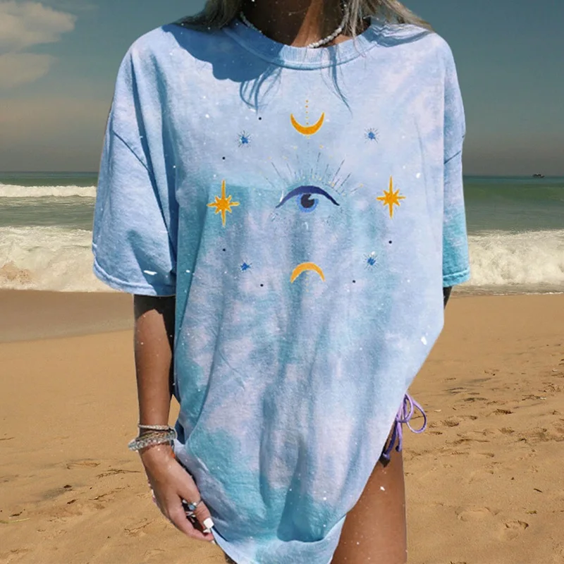 2020 Ženske Priložnostne Modni T-shirt Blue Sun Moon Tisk Svoboden O-vratu Kratek Rokav Elastično Raztegne Tshirt Poletje Vrhovi Nova