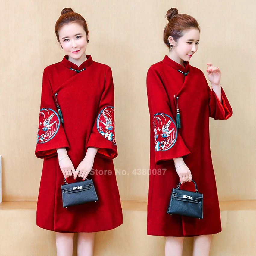 2020 Ženske Zimski Plašči Tradicionalna Kitajska Oblačila Pozimi Debele Cheongsam Obleke Žerjav Vezenje Letnik Volne Qipao Novo Leto
