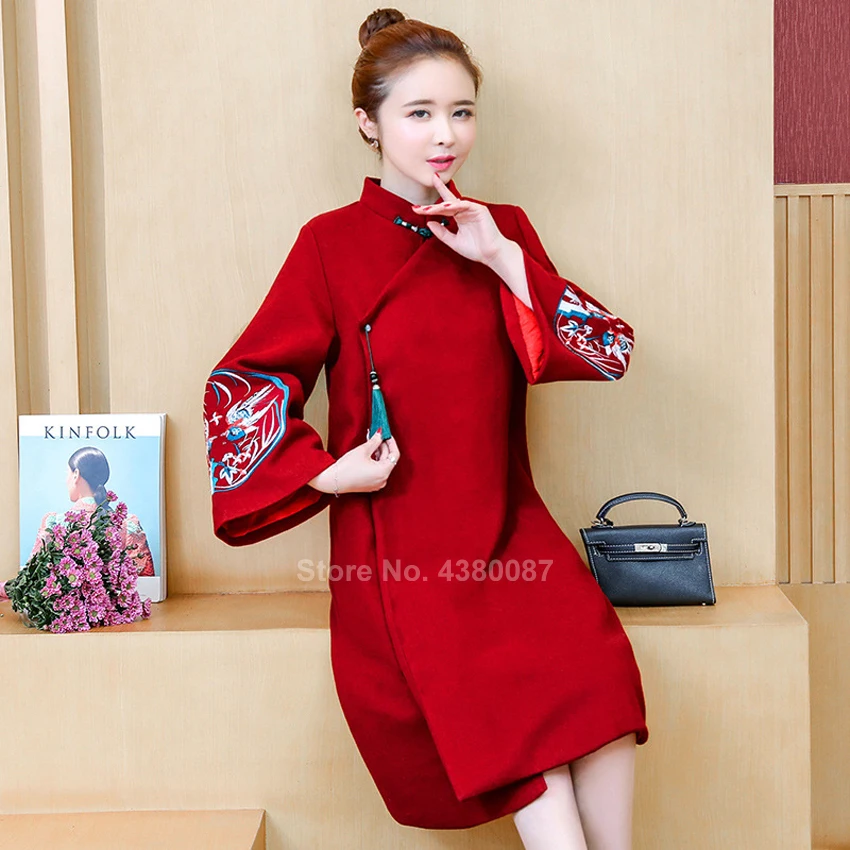 2020 Ženske Zimski Plašči Tradicionalna Kitajska Oblačila Pozimi Debele Cheongsam Obleke Žerjav Vezenje Letnik Volne Qipao Novo Leto