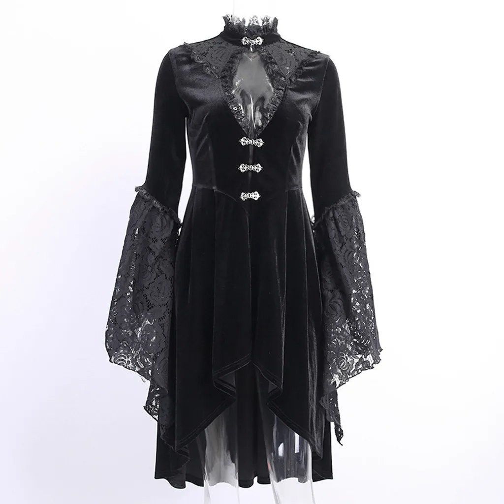 2020 Ženske črna Gothic obleko Cosplay Kostum obleko Ženske Modne Gotsko Sodišče Proti-vrat Votlih Iz Čipke Dolgo Pagoda Rokav Obleka