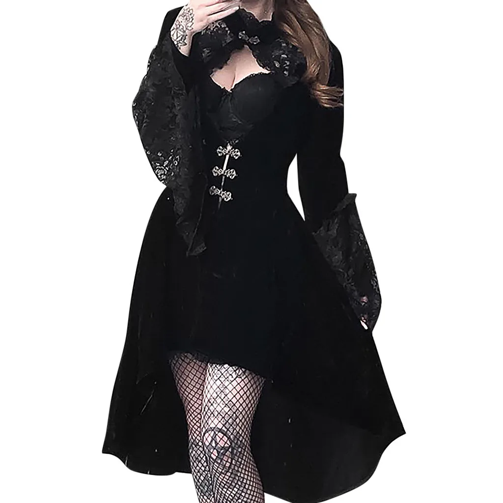 2020 Ženske črna Gothic obleko Cosplay Kostum obleko Ženske Modne Gotsko Sodišče Proti-vrat Votlih Iz Čipke Dolgo Pagoda Rokav Obleka