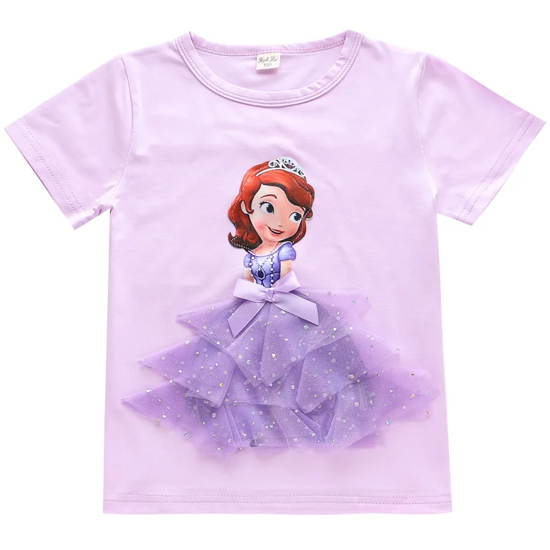 2020Girl Poletje Princesa T-Shirt Elsa Aurora Childen Bombaž Tees Lace Majica 3D Sofija Appliques Otrok Rojstni dan Vrh Oblačila Majica