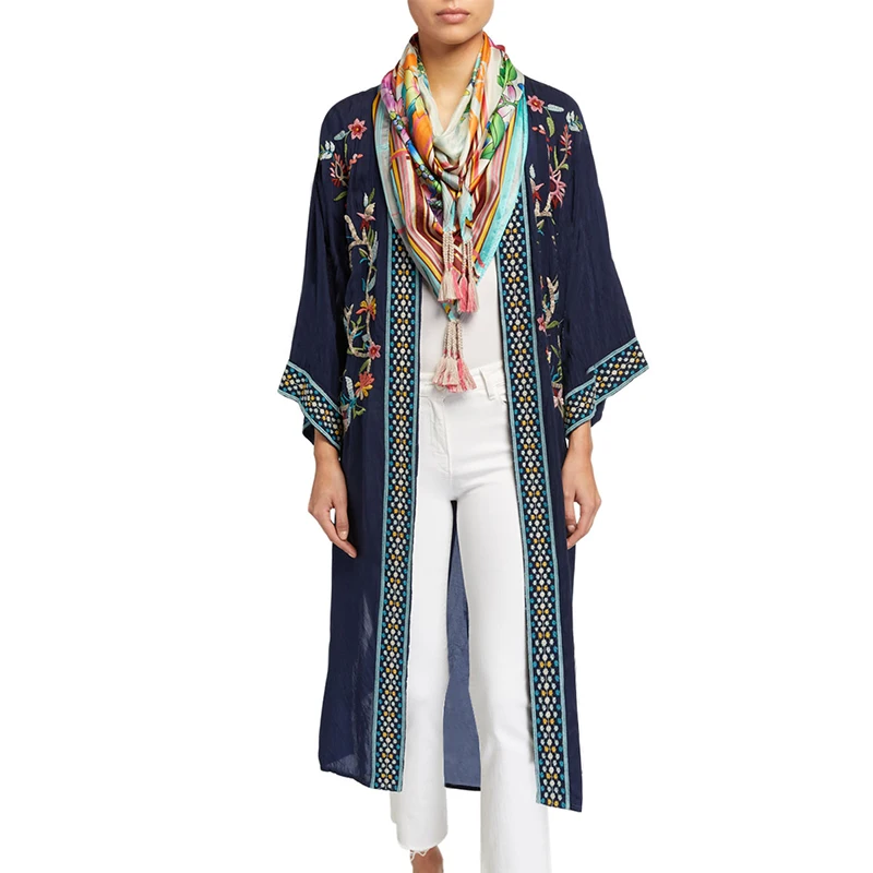 2021 Cvetlični Vezene Spredaj Odprti Dolgo Kimono Jopico Plus Velikost Mornarsko Modra Bombaž Tunika Ženske Vrhovi in Bluze, Srajce Q1146