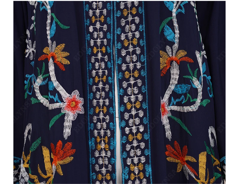2021 Cvetlični Vezene Spredaj Odprti Dolgo Kimono Jopico Plus Velikost Mornarsko Modra Bombaž Tunika Ženske Vrhovi in Bluze, Srajce Q1146