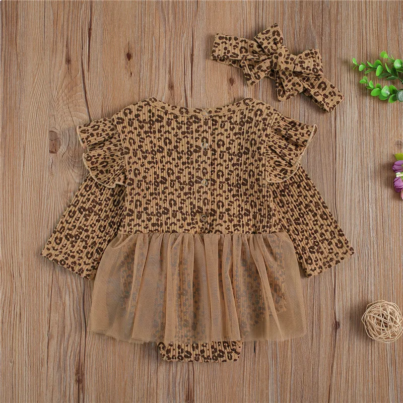 2021 Dojenčka Newborn Baby Dekleta Z Dolgimi Rokavi, Rebraste Leopard Jumpsuits Očesa Pomlad Igralne Obleke Obleko Obleke Glavo