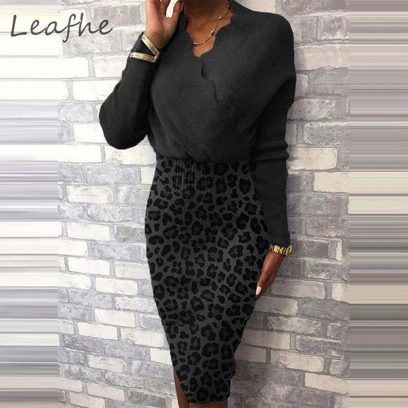 2021 Jesen Zima Leopard Tiskanja Mozaik Elegantno Obleko z Dolgimi Rokavi pletene Toplo Obleko Ženske Priložnostne V Vratu Slim Zaviti Stranka Obleko