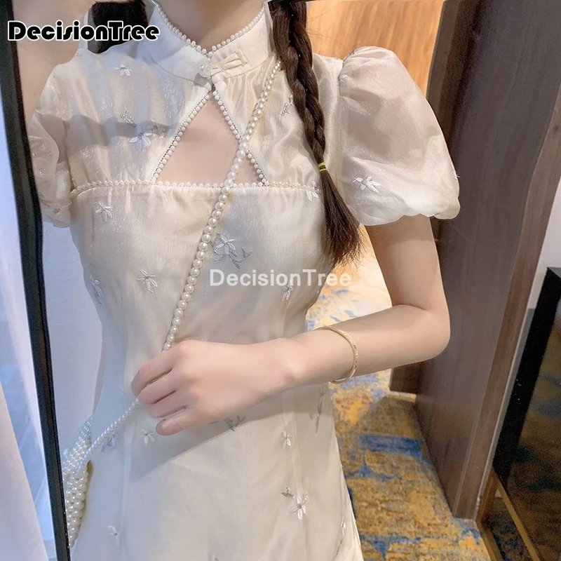 2021 kitajski dress vintage čipke priložnostne kitajski slog žensk cheongsam cvetlični elegantno saten belo obleko kratek vestido chino qipao