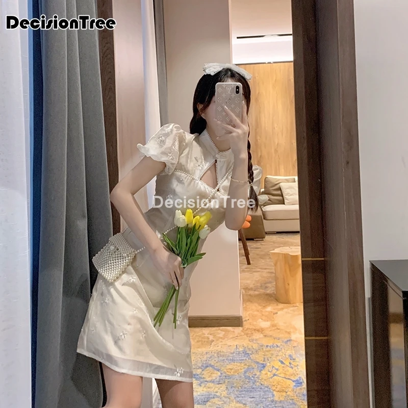 2021 kitajski dress vintage čipke priložnostne kitajski slog žensk cheongsam cvetlični elegantno saten belo obleko kratek vestido chino qipao