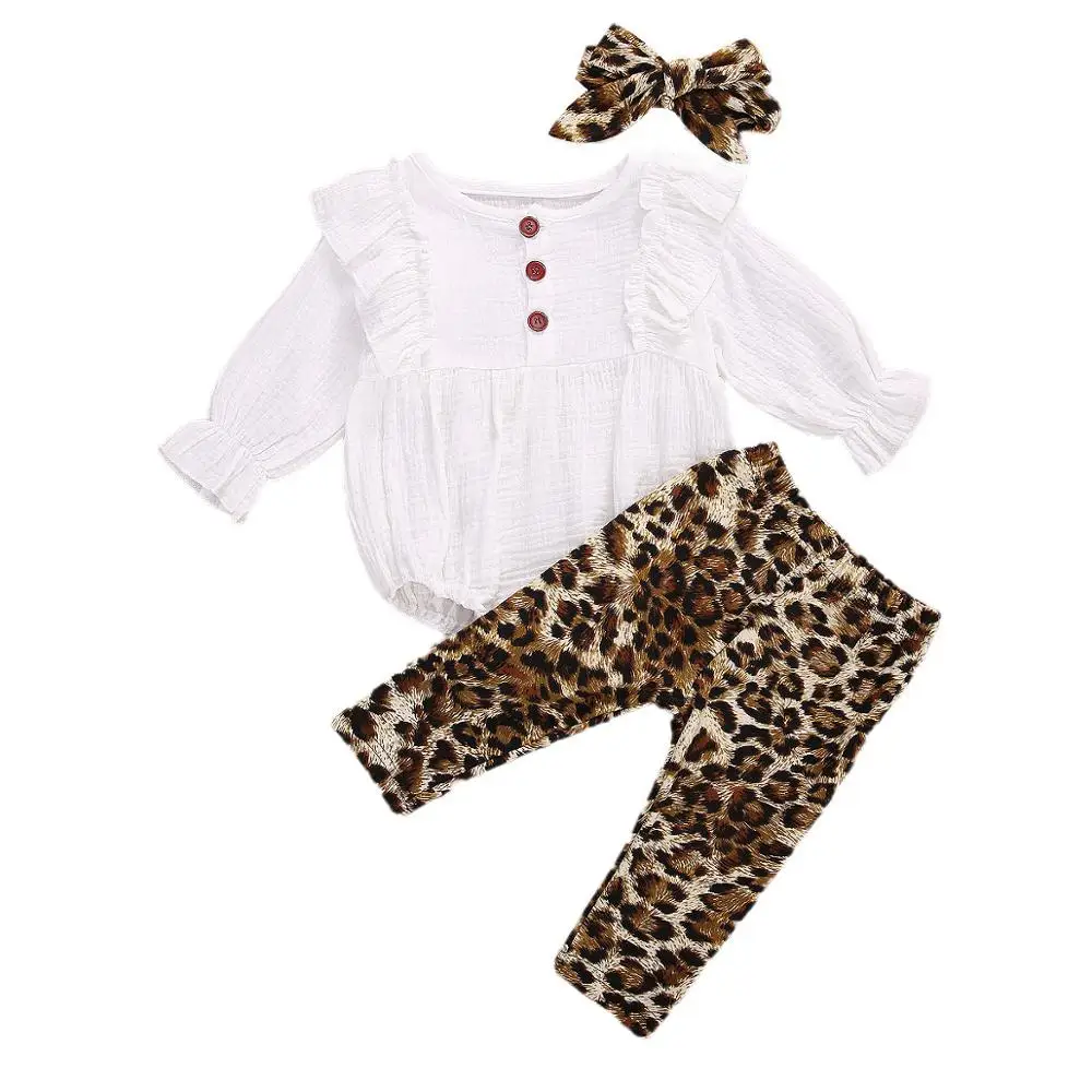 2021 Malčke Baby Dekle Obleko Ruffle Romper Vrh+ Leopard Hlače+ Glavo Baby Dekle Pomlad Jesen Oblačila, ki 3Pcs