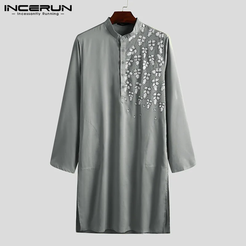 2021 Modni Moški Musliman Tam Kaftan Priložnostne Majice Dolg Rokav V Vratu Kurta Obleke Majica Človek Tiskanje Abaya Dubaj Camisas Plus Velikost