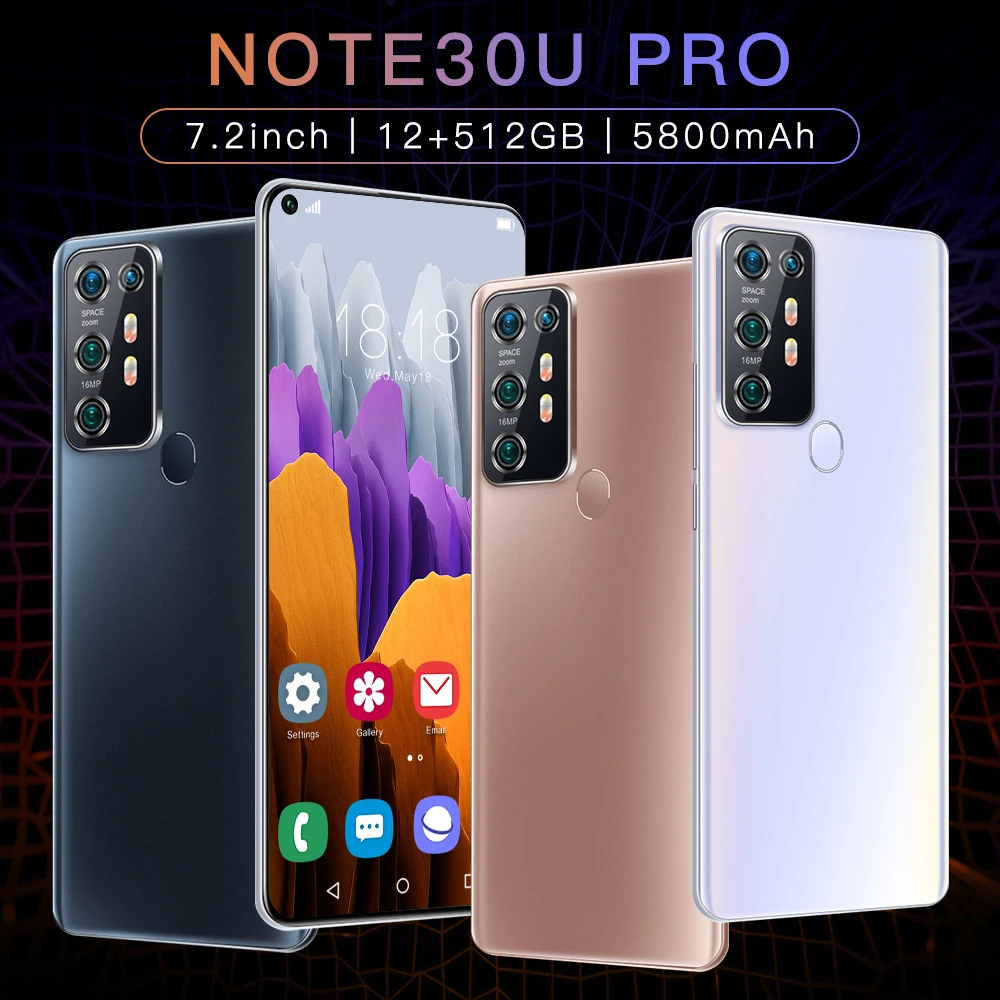 2021 Najnovejši Note30U Pro 7.2 HD Full Zaslon 12GB +512GB Obraza Prepoznavanje Prstnih Odklepanje MTK6889 10-Core Mobilni Telefon