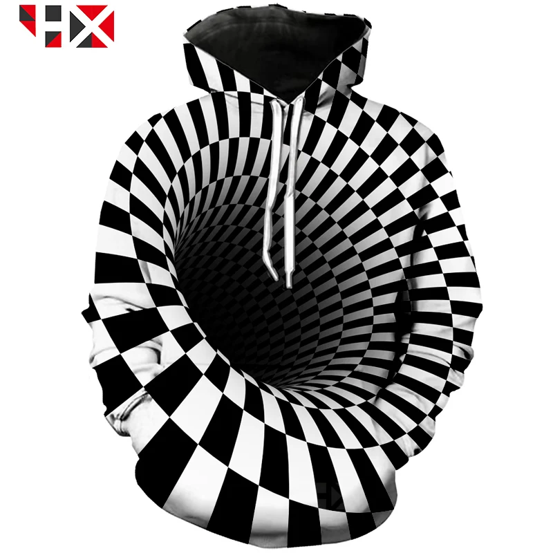 2021 Najnovejši Črno in Belo Vrtoglavica Hipnotik 3D Tiskanja Hoodie Unisex Majica Illusion Art Kul Harajuku Ulica Vrhovi HX132