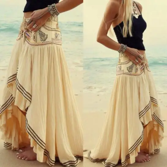 2021 Novo Modno Elegantna Šifon BOHO Ženska Cvetlični Jersey Gypsy Dolgo Maxi Polno Tiskanja Krilo Počitnice na Plaži