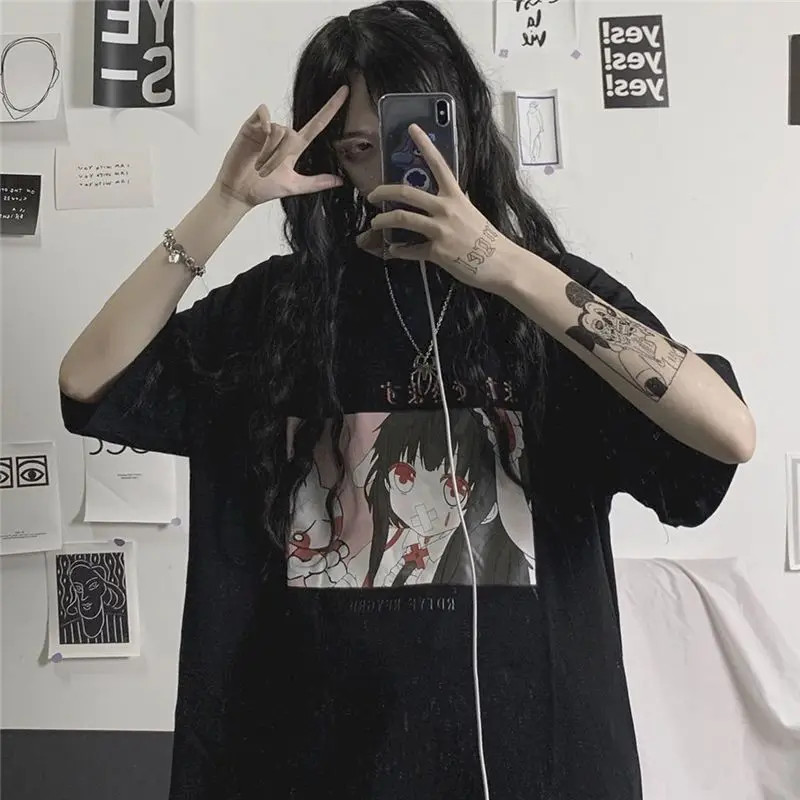 2021 Novo Poletje Harajuku Slog Japonski Natisnjeni T-shirt Kratek Rokav študentk korejski Svoboden Vrh Ženske Kawaii Oblačila Goth