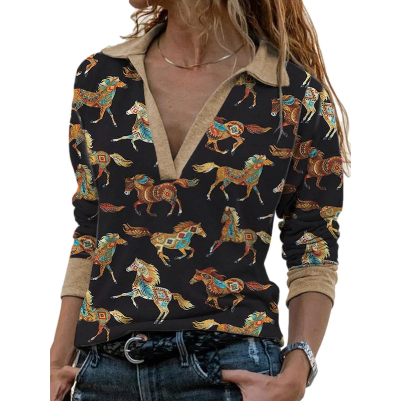 2021 Pomlad Priložnostne V Vratu Konj Tisk Svoboden T-shirt za Ženske Zavoj navzdol Ovratnik Živali Moda Dolg Rokav Vrhovi