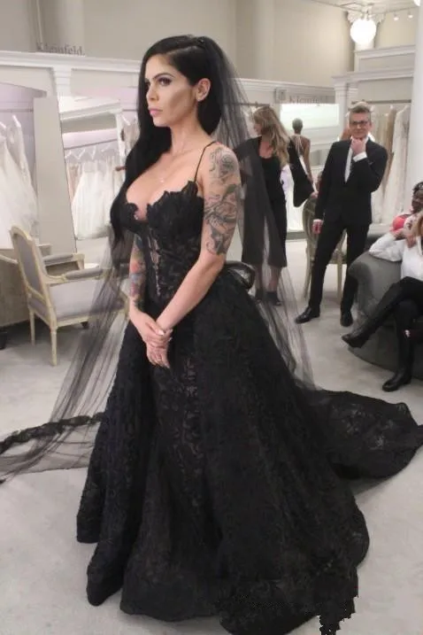 2021 črne Čipke Gothic Poročne Obleke Poročne Halje s Snemljivo Vlak Zamah Vlak morska deklica Poročne Obleke Poroko Obleko Gost