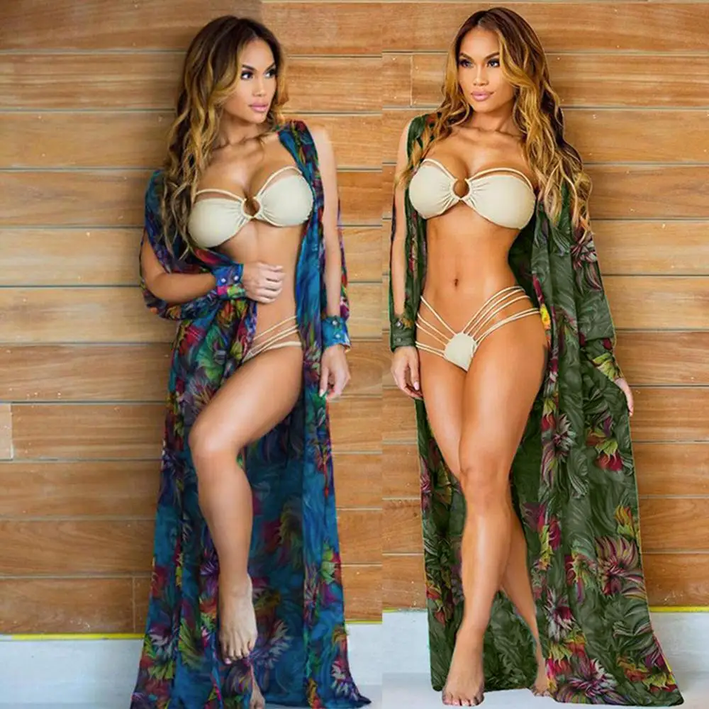 2021 Ženska Bohemia Kimono Dolgo Šifon Bluzo Poletje Priložnostne Cvjetnim Tiskanja Long Sleeve Zgornji Del Bikini Kritje Gor Plaža Jopico Blusas