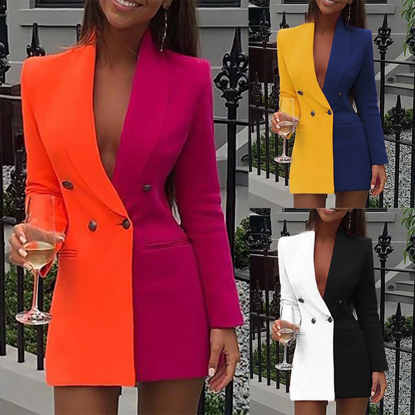 2021 Ženske Dolg Rokav Tiste Colorblock Dvojno Zapenjanje Jopiči Eleganten Modni Stranka Jopiči Jopiči Bodycon
