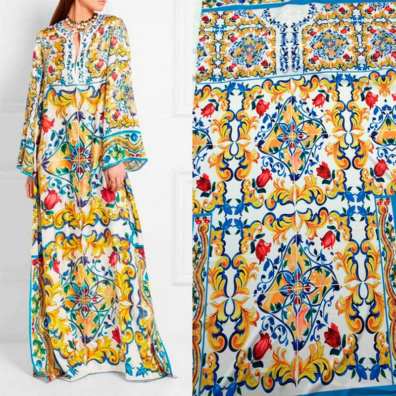207X145cm Fashion Week, ki se Nahaja Kitajske Keramike Slikarstvo Majolika Natisne Posnemajo Saten Svila Tkanina za Ženske Dolge Obleke