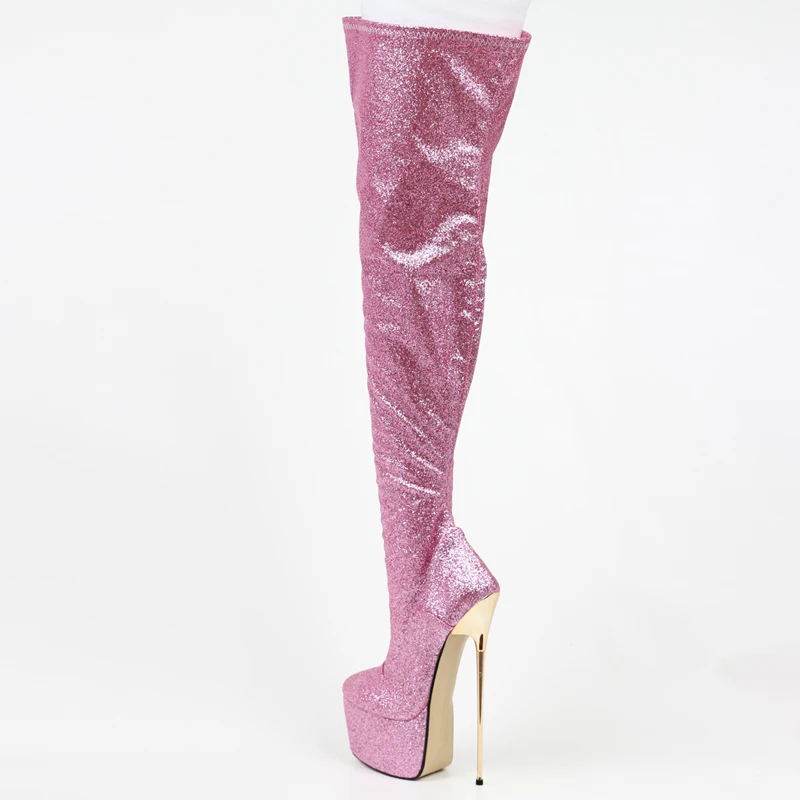 22 cm 8 inch ženska ženske roza bleščicami seksi visoko stegno fetiš platformo stiletto pete polno zip škornji velikosti 36-46