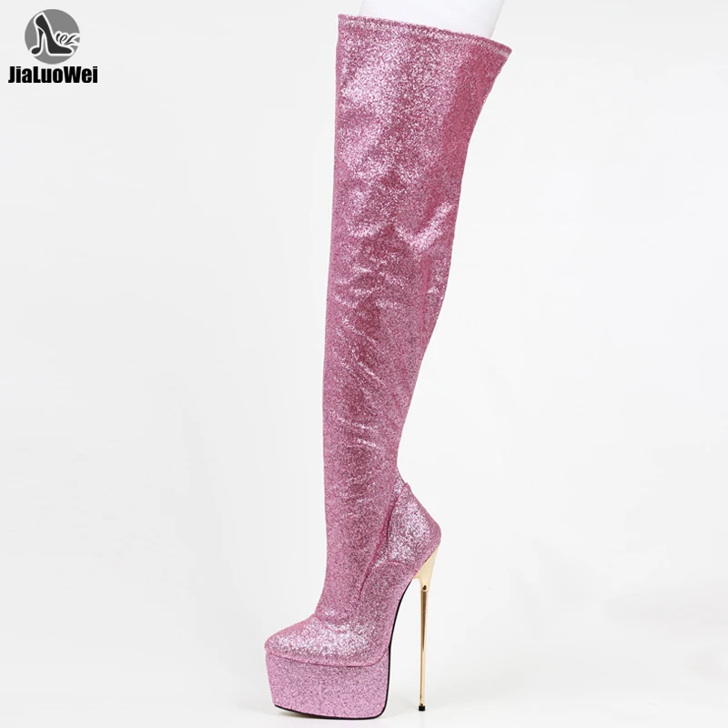 22 cm 8 inch ženska ženske roza bleščicami seksi visoko stegno fetiš platformo stiletto pete polno zip škornji velikosti 36-46