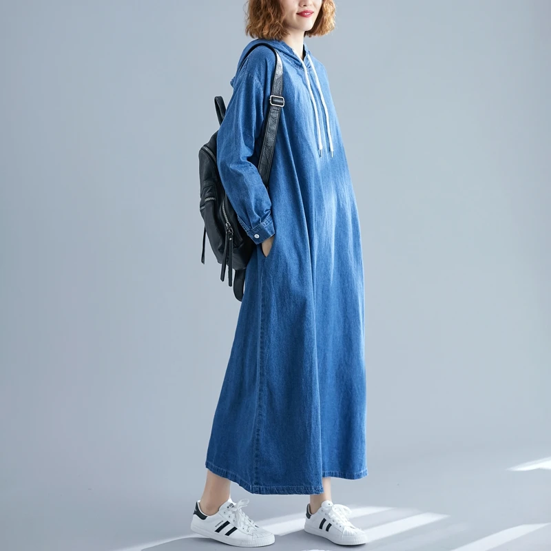 #2464 Pomlad Jesen Hooded Obleka Ženske Plus Velikost Svoboden Dolgo Letnik Denim Modra Obleka z Dolgimi Rokavi Ženske Obleke Gleženj-dolžina