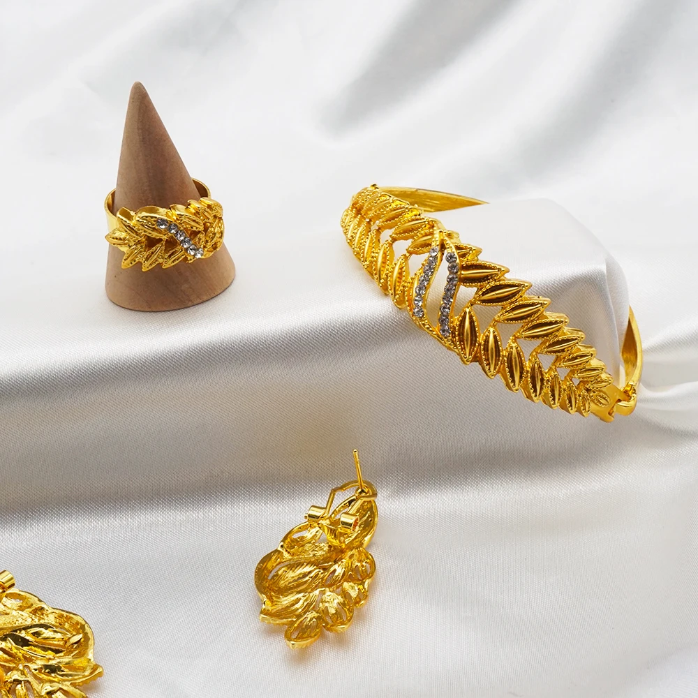 24K Gold nakit sklopov za Afriške ženske poročne poročna darila party Zapestnica krog Ogrlico, uhane, prstan kompleti nakita