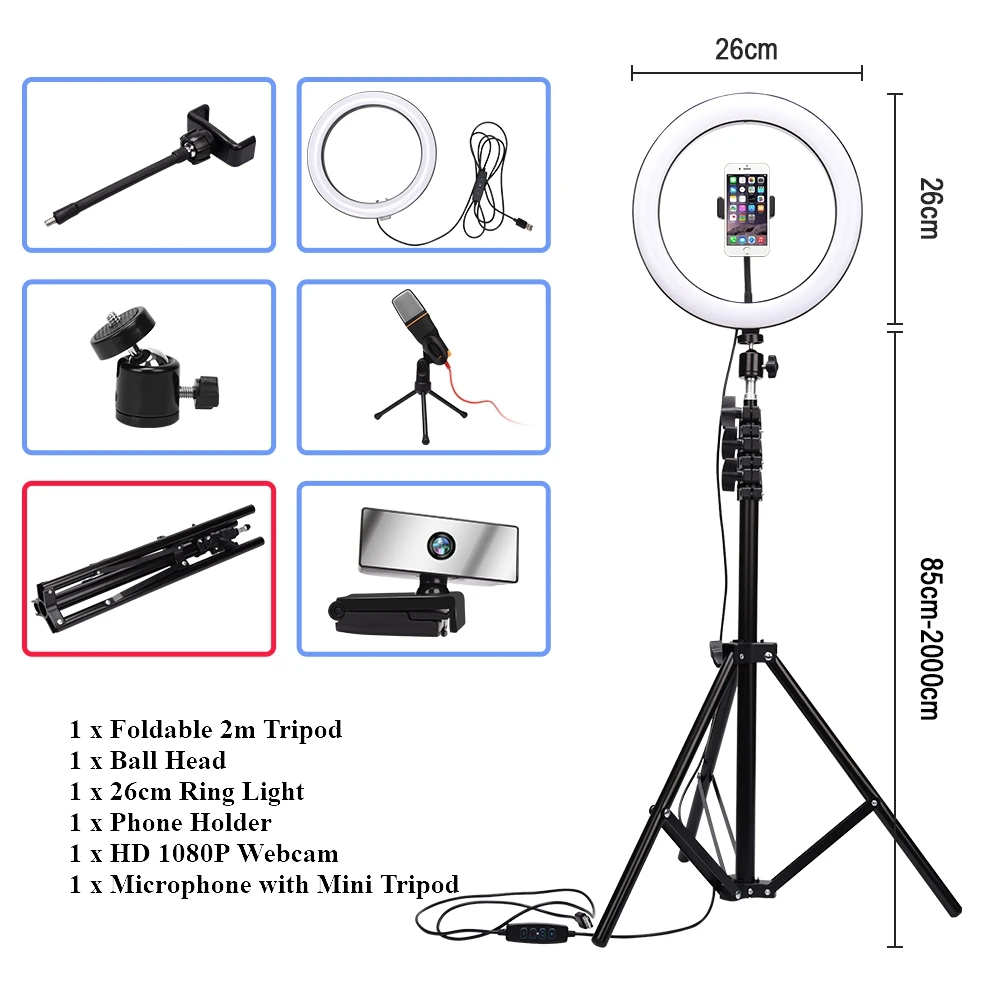 26 cm LED Obroč Svetlobe Fotografija Zatemniti Video Lučka 1080P Webcam Stereo MIC Namizno Stojalo za Mikrofon za Skype Video Klepet